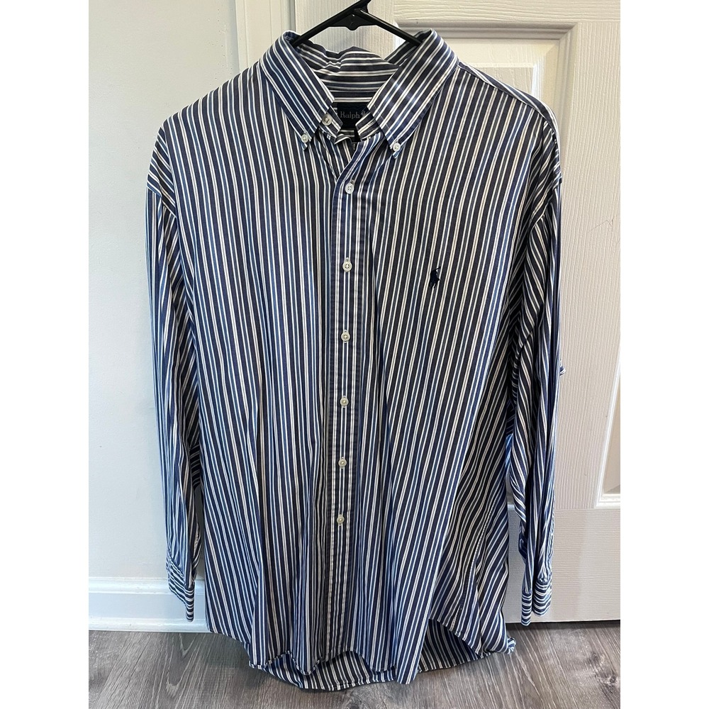 Ralph Lauren Yarmouth Mens 16.5 Blue White Striped Cotton Button Down Shirt